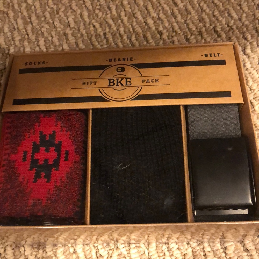 Brand new BKE sock, belt, and Beanie gift set